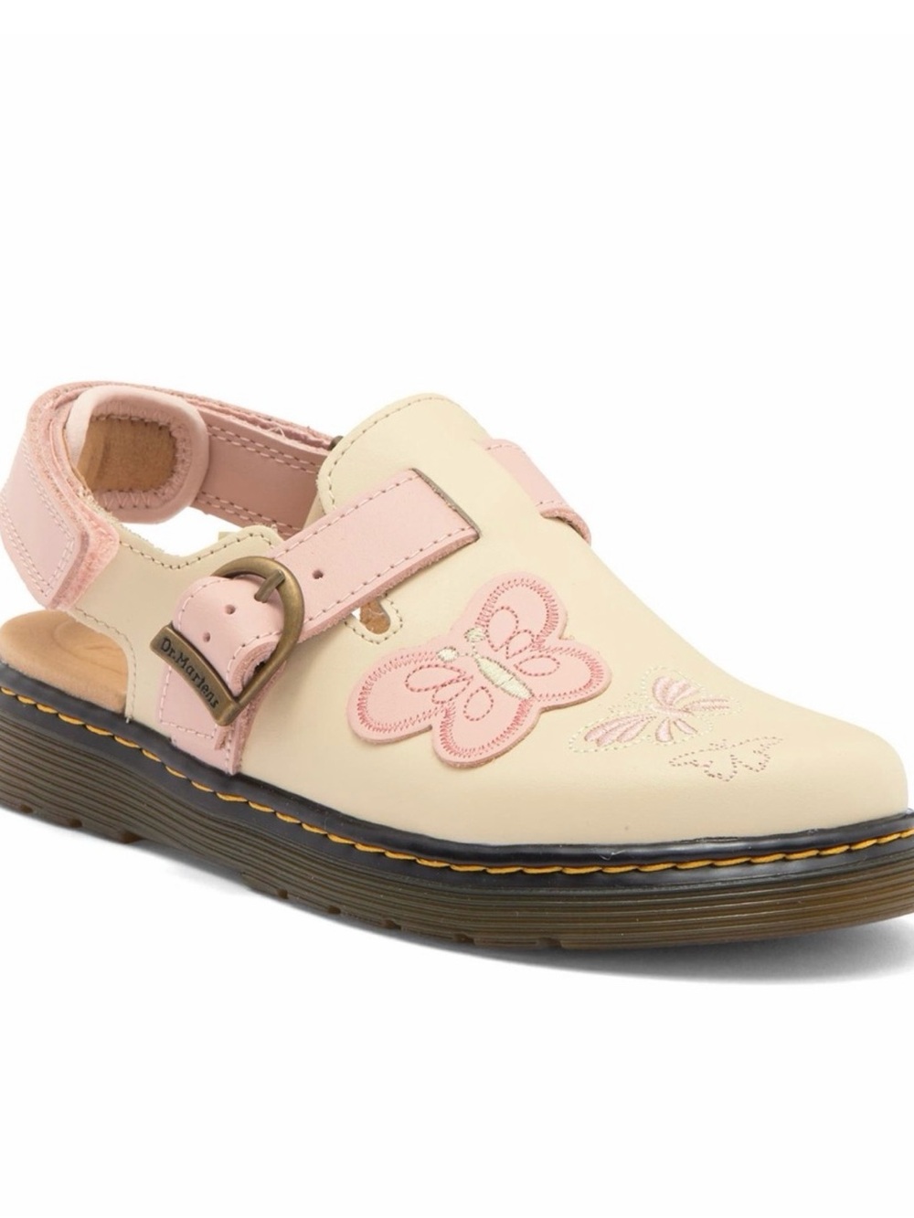Dr. Martens Kids Cream and Pink Butterfly Clog-Sandal with Buckle